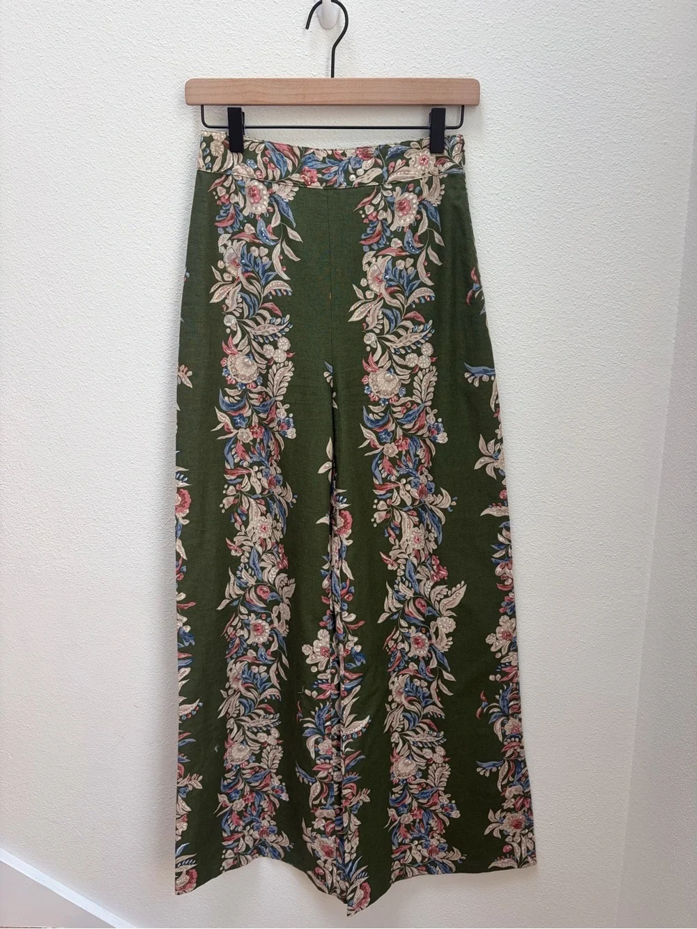 Sezane Tyler Floral Trousers High Waist Wide Leg Linen Cotton Olive Green Size 2